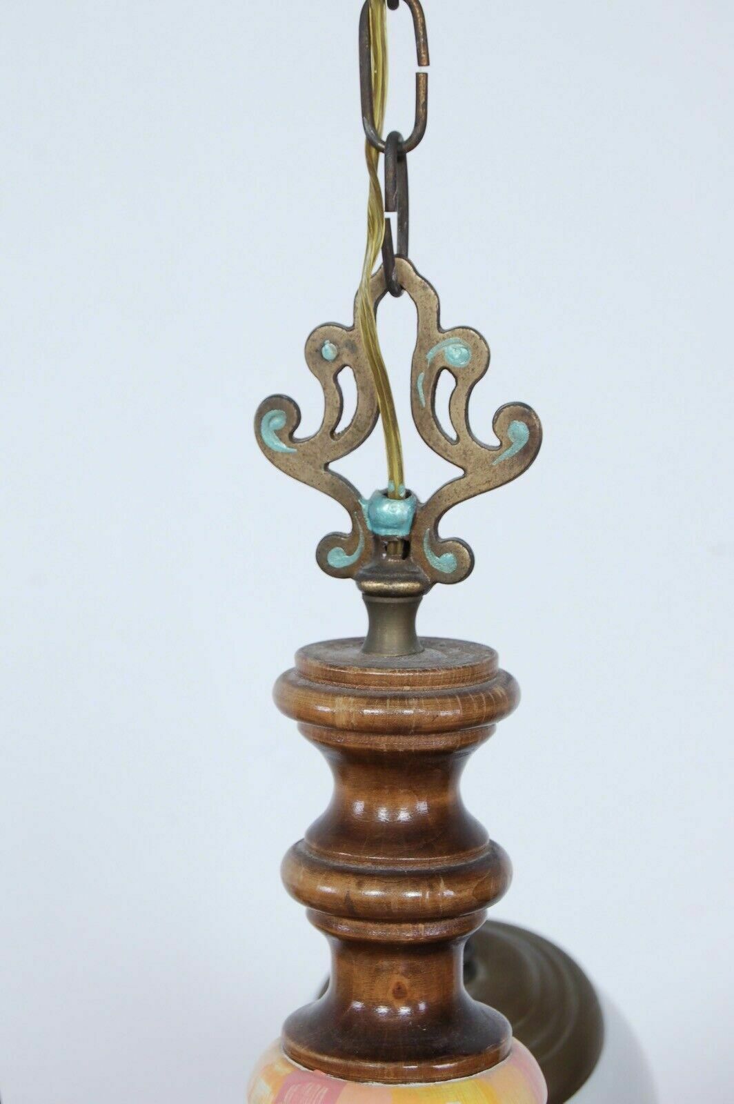 Vintage Eclectic Chandelier 5 Lights Brass Wood Orange White Glass photo buy