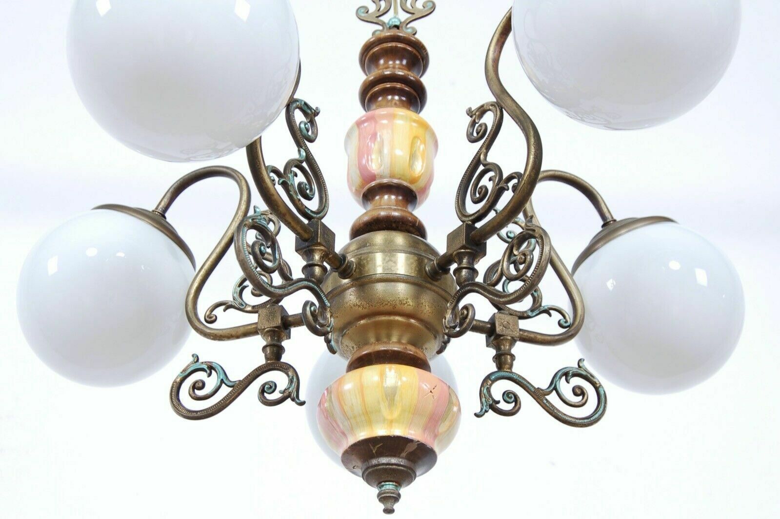 photo for sale Vintage Eclectic Chandelier 5 Lights Brass Wood Orange White Glass