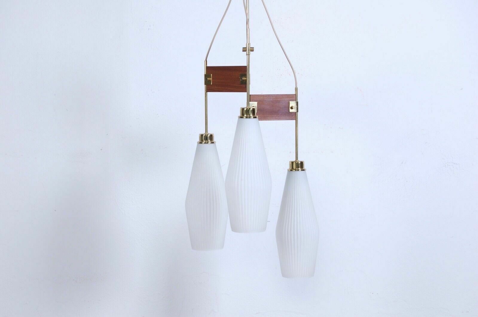 Stilnovo Design Chandelier From The 50s And 60s. Opaline Glass And Brass Ceiling Lamp photo Lighting