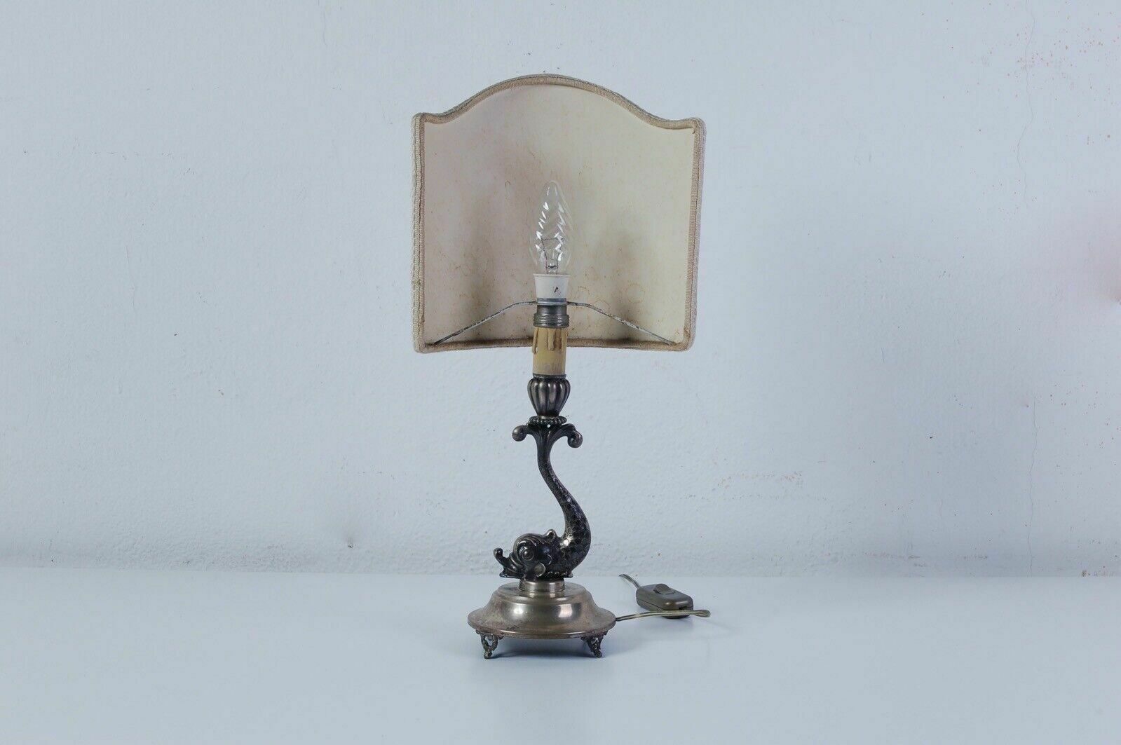 Antique Table Lamp Abat Joure Antique Silver Dolphin Lampshade Putto photo buy