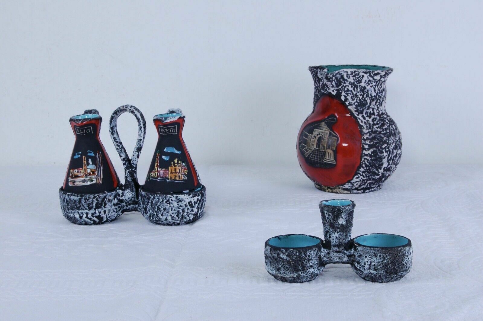 Pitcher Oil Vinegar Table Set Enamelled Lava Stone Memory Of Pompeii In Lava