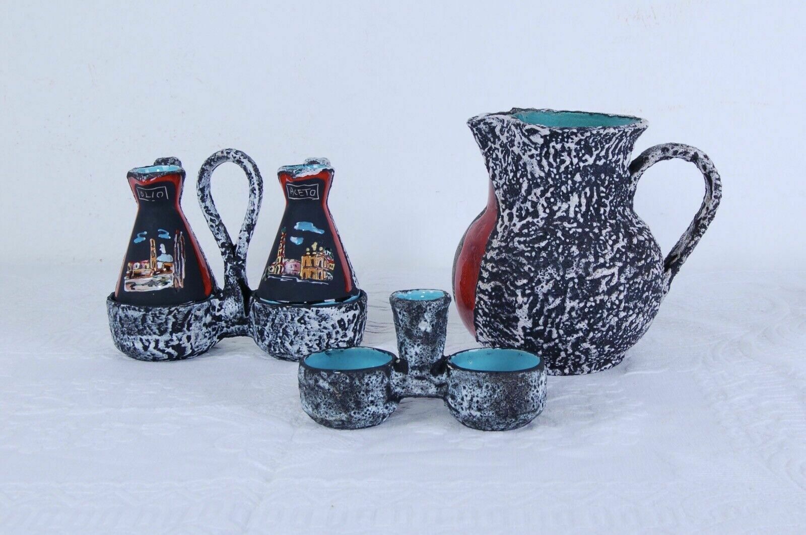 Pitcher Oil Vinegar Table Set Enamelled Lava Stone Memory Of Pompeii In Lava photo for sale