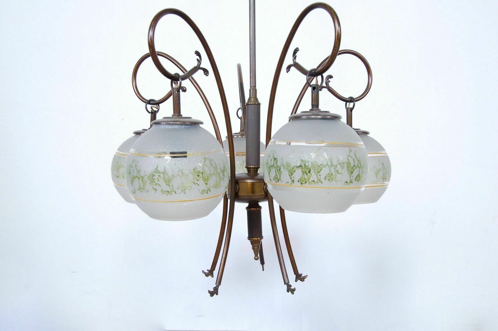1950s Design Chandelier Vintage Brass 5 Lampshade Satin Glass Green Decoration photo for sale