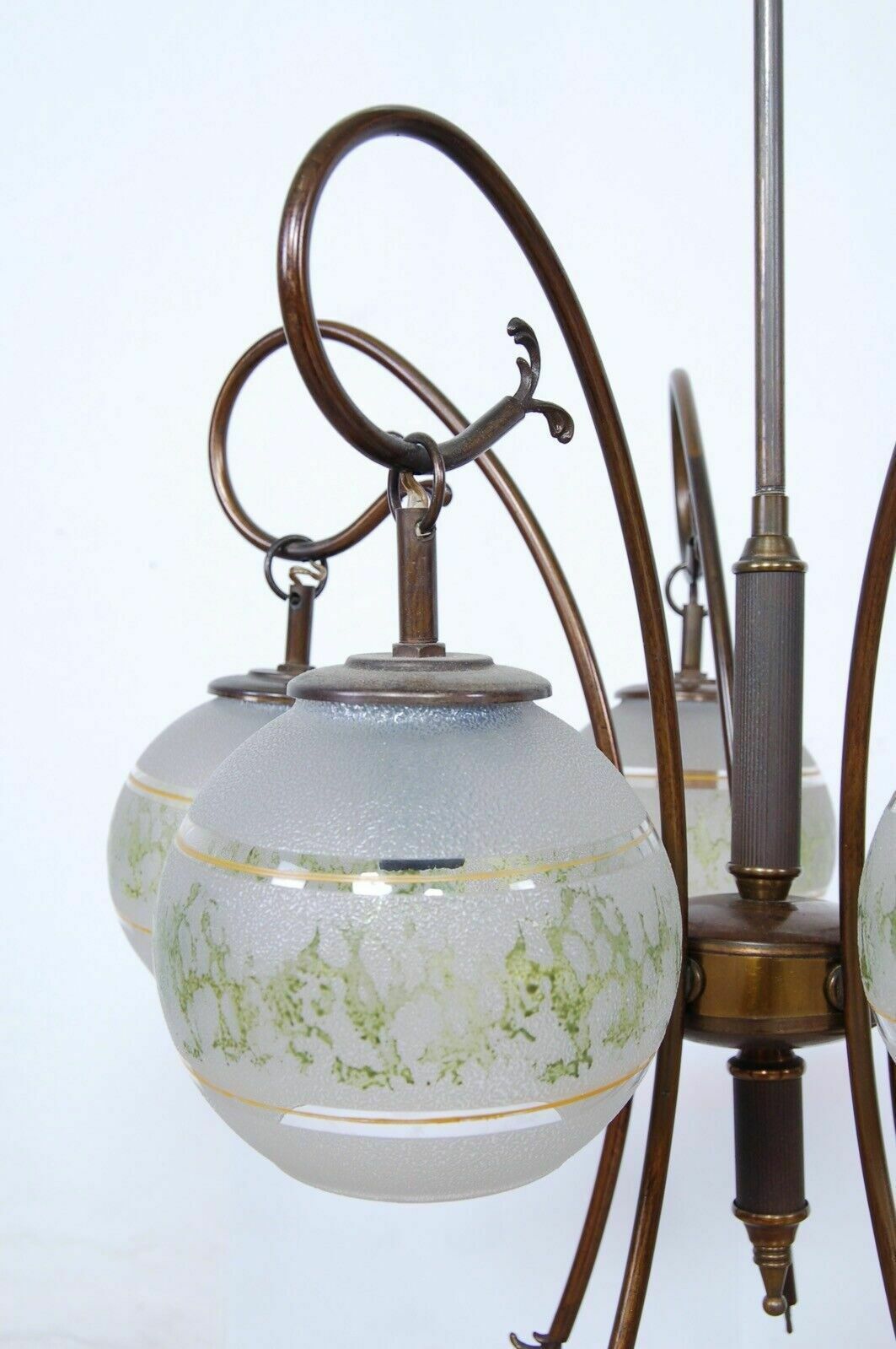 1950s Design Chandelier Vintage Brass 5 Lampshade Satin Glass Green Decoration photo buy