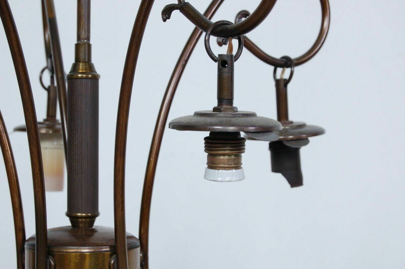 80.0 1950s Design Chandelier Vintage Brass 5 Lampshade Satin Glass Green Decoration photo