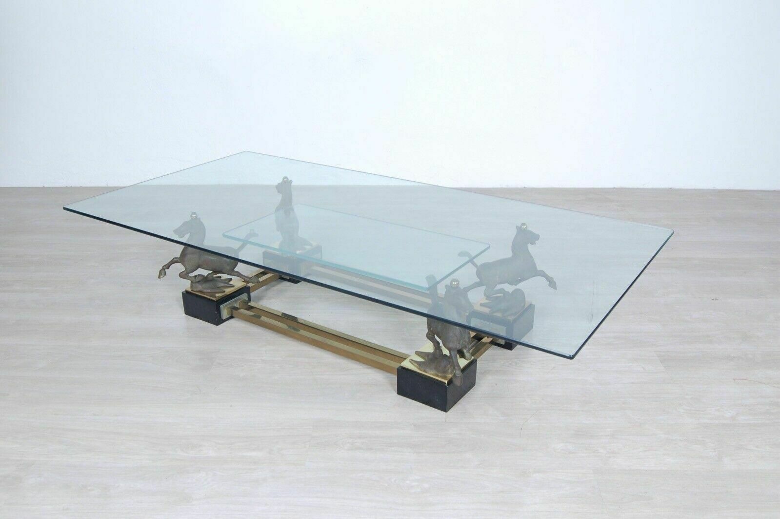 Maison Charles Large Rectangular Glass Brass Table Flying Horse Of Gansu photo for sale