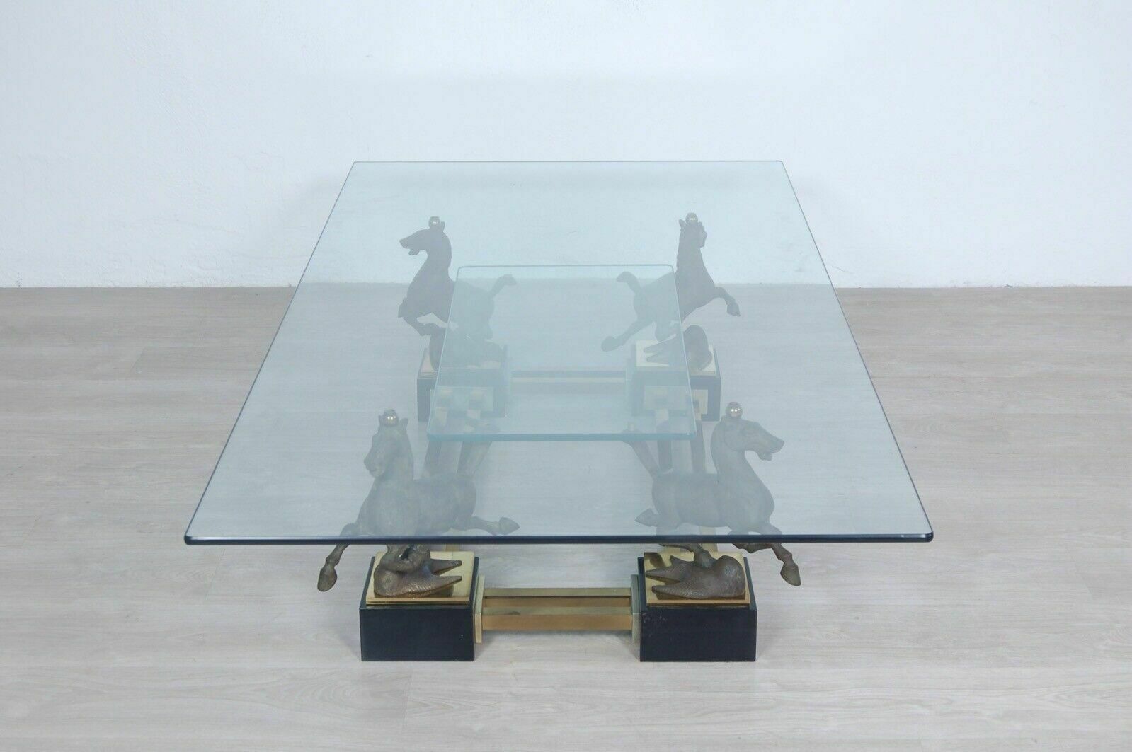 photo for sale Maison Charles Large Rectangular Glass Brass Table Flying Horse Of Gansu