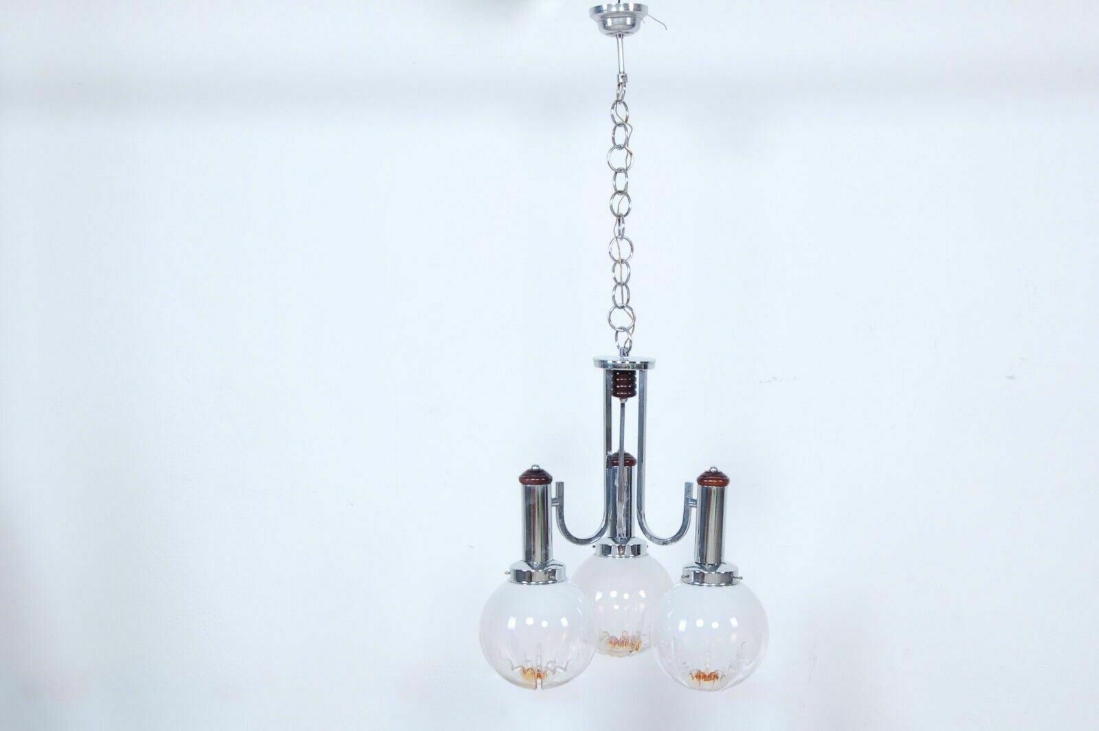 Design Chandelier From The 70s With Three Lights In Steel And Murano Glass In The Mazzega Style