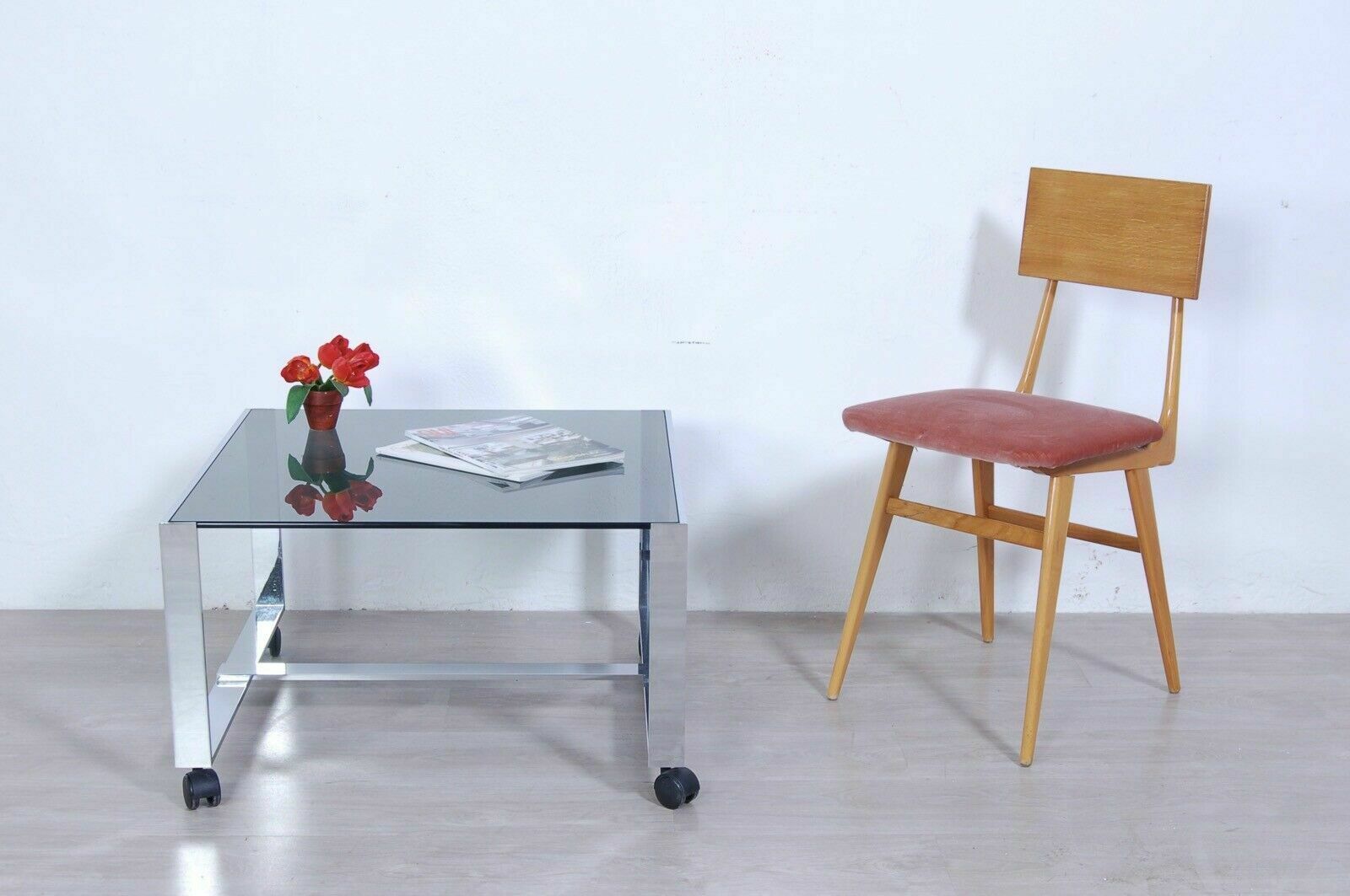 70s Design Coffee Table Modern Steel Smoked Glass Wheels Saporiti