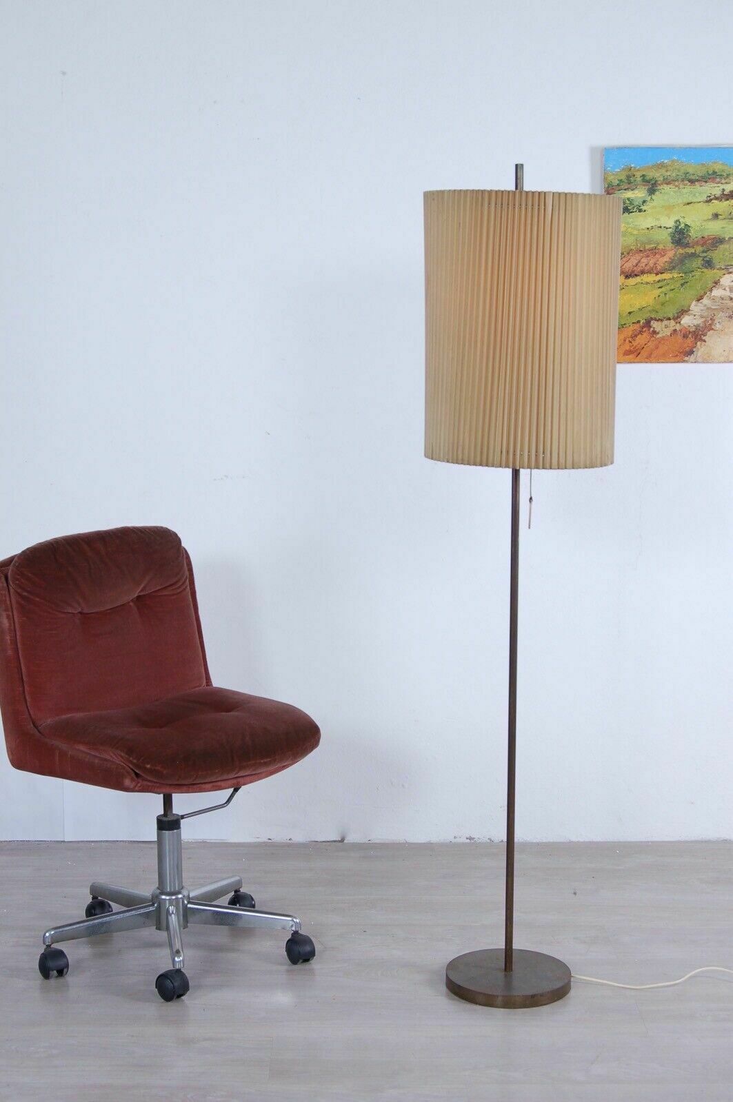Mid Century Floor Lamp In Brass With Vintage 50s Pleated Lampshade