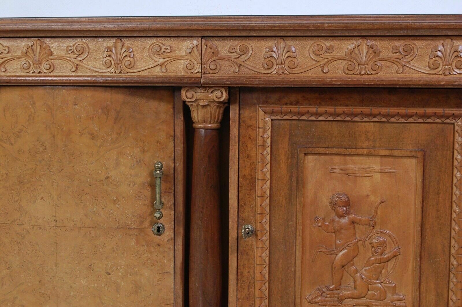 Furniture Empire Sideboard In Briar Root, Green Marble Top. Large Gilded Mirror photo