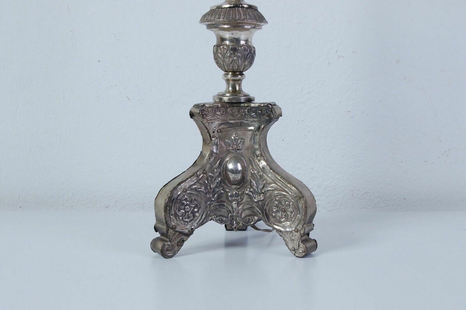 Table Lamp Old Electrified Religious Candlestick In Wood And Antique Silver photo furniture