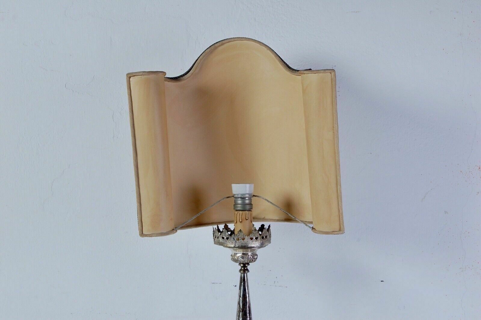 Table Lamp Old Electrified Religious Candlestick In Wood And Antique Silver photo vinterior