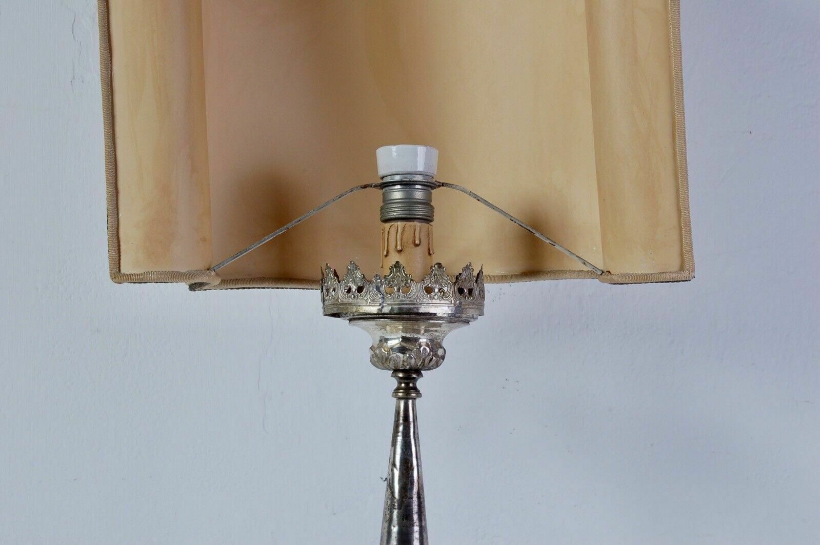 Table Lamp Old Electrified Religious Candlestick In Wood And Antique Silver photo buy
