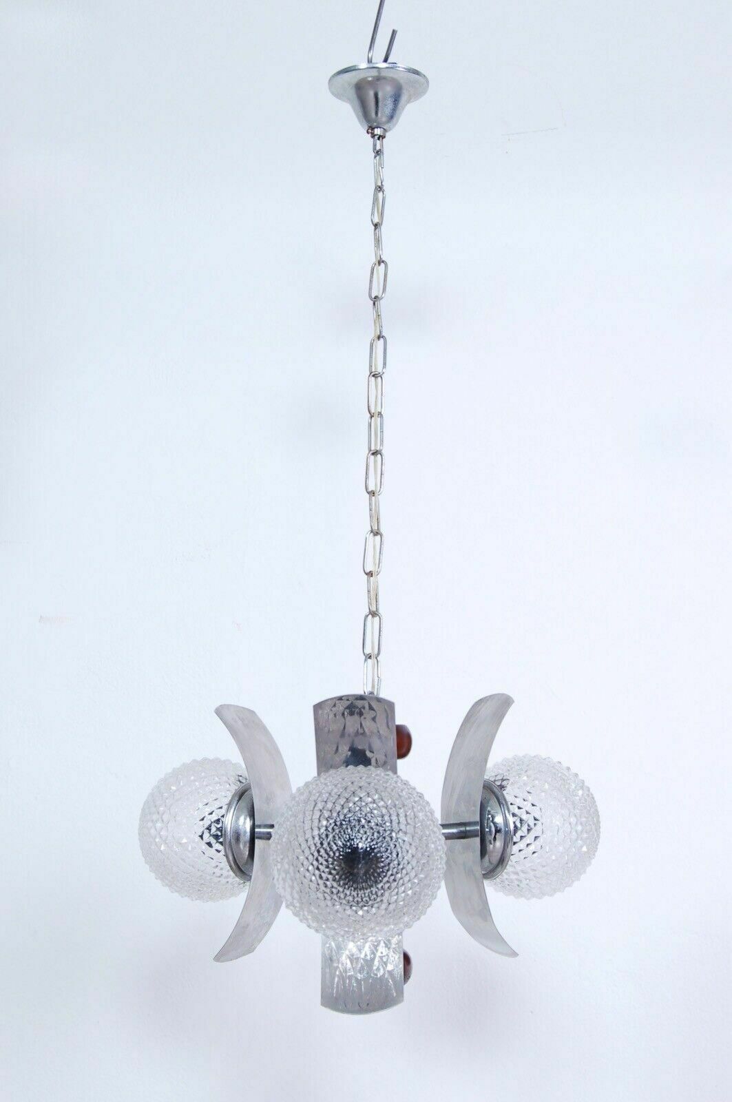 Design Chandelier From The 70s, Wood, Steel And Frosted Glass Modernity photo Lighting