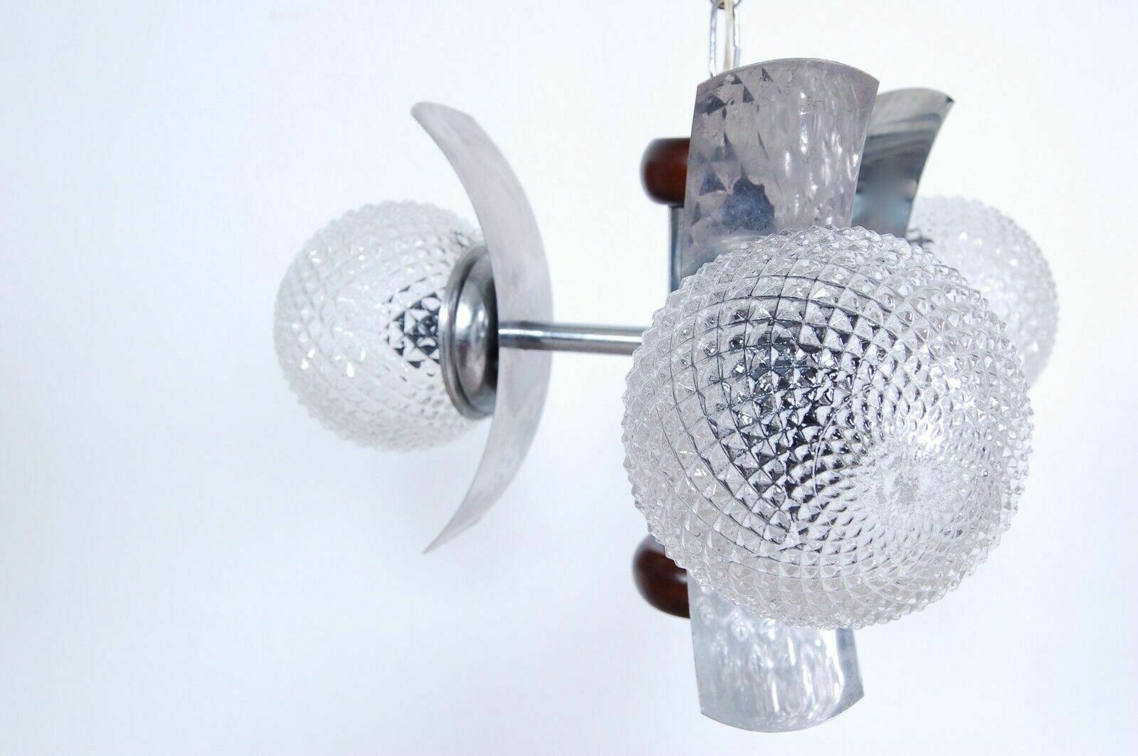 photo furniture Design Chandelier From The 70s, Wood, Steel And Frosted Glass Modernity