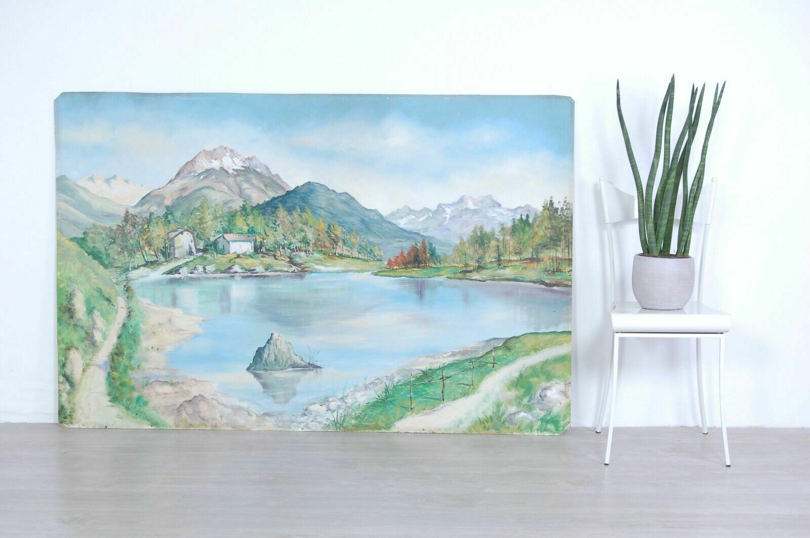 Large Lake Mountain Landscape Painting Oil On Wood Brugnetti