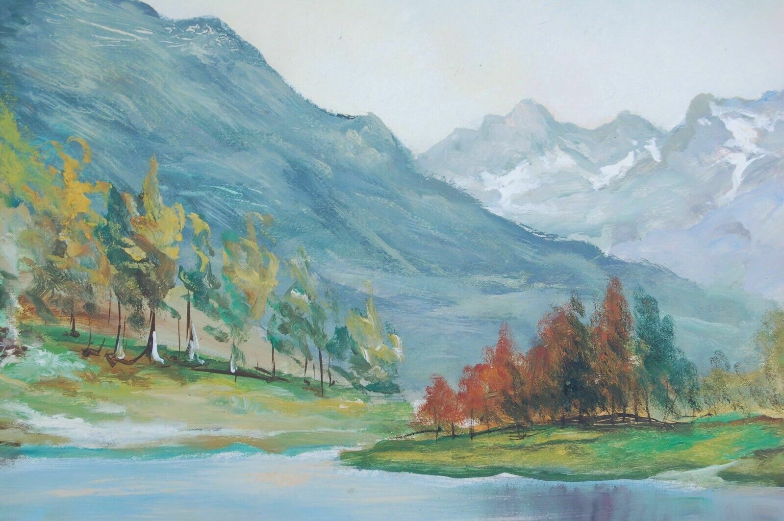 photo for sale Large Lake Mountain Landscape Painting Oil On Wood Brugnetti