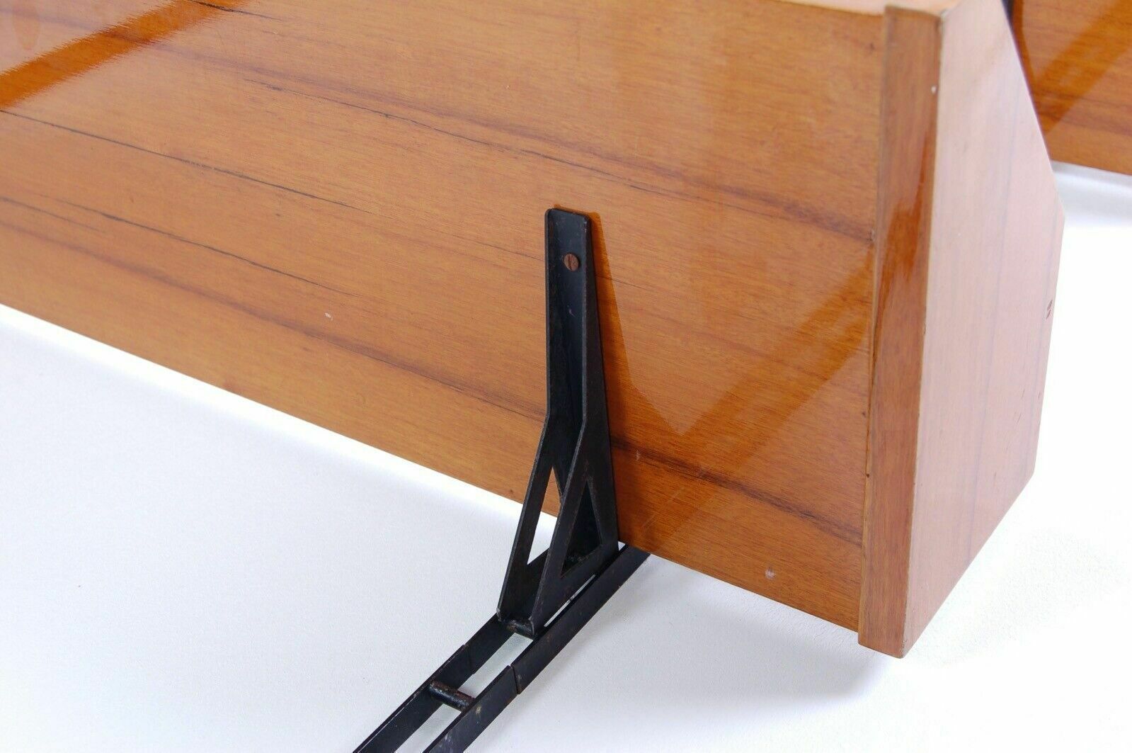 Design Bookcase From The 50s, Vintage Wooden Shelves Unit With Iron Uprights photo vinterior