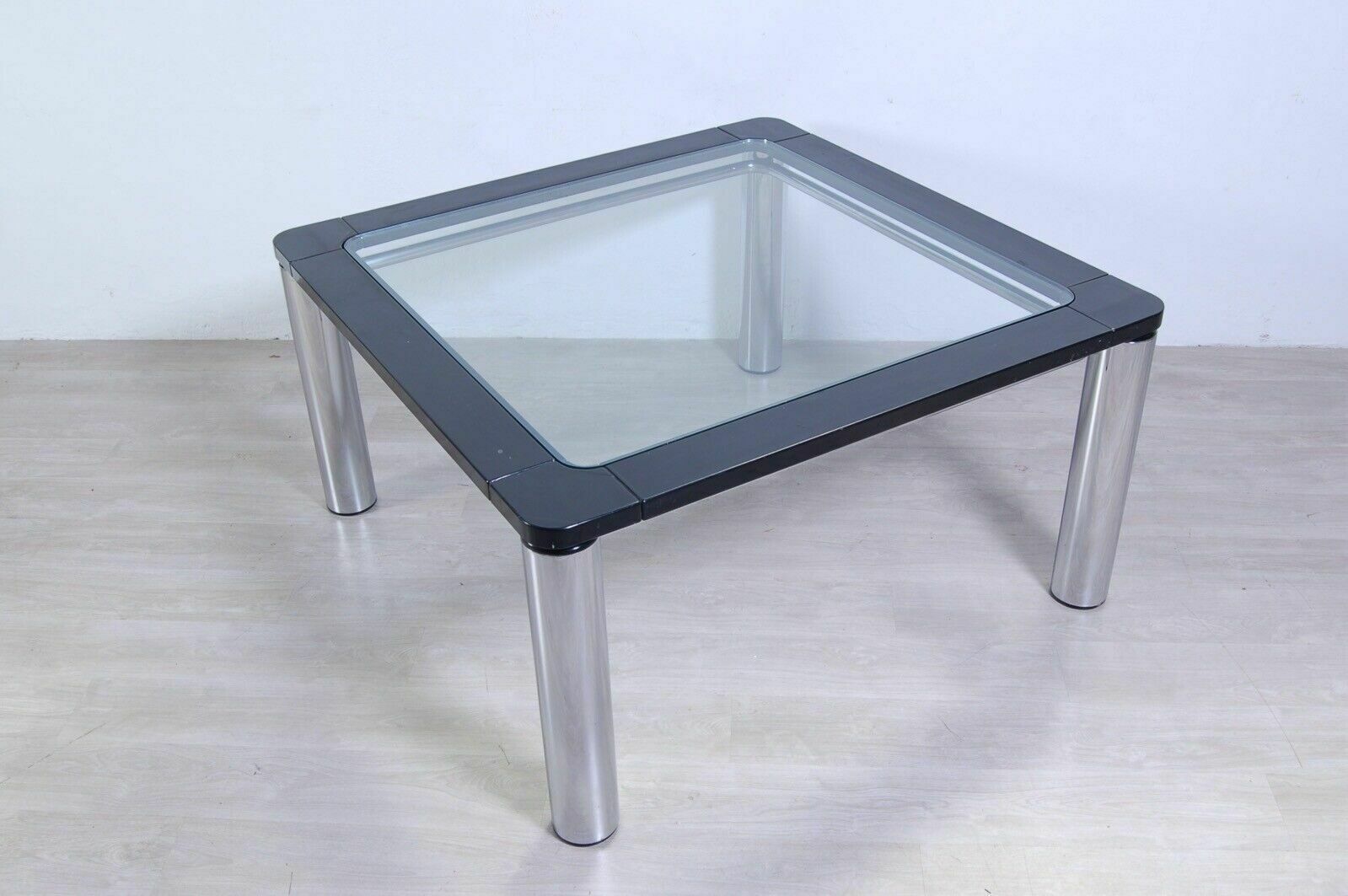 photo vinterior Design Table From The 70s In Steel And Black Enamelled Wood, Square Glass Top