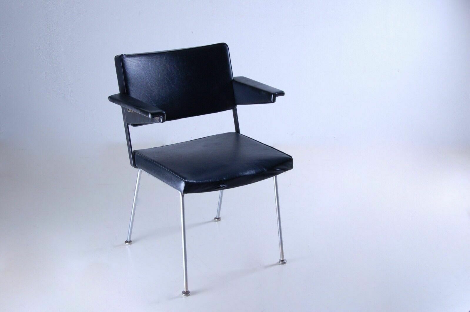 Dantuma Dutch Chair With Armrests, 1950s 60s, Steel, Black Leather