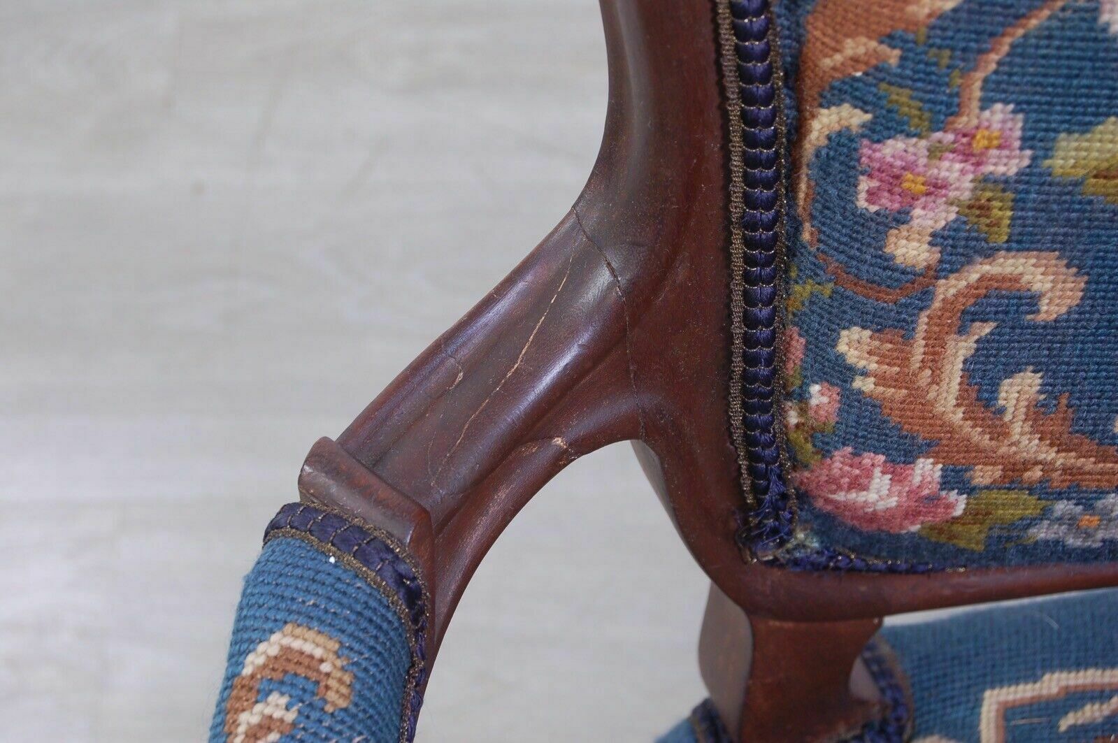 Furniture Chair With Armrests Antique Armchair In Carved Wood With Floral Fabric photo
