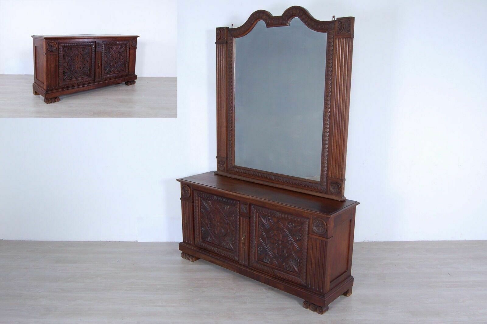 Ancient Low Sideboard, Old Chest Of Drawers With Mirror From The Early 1900s In Solid Wood