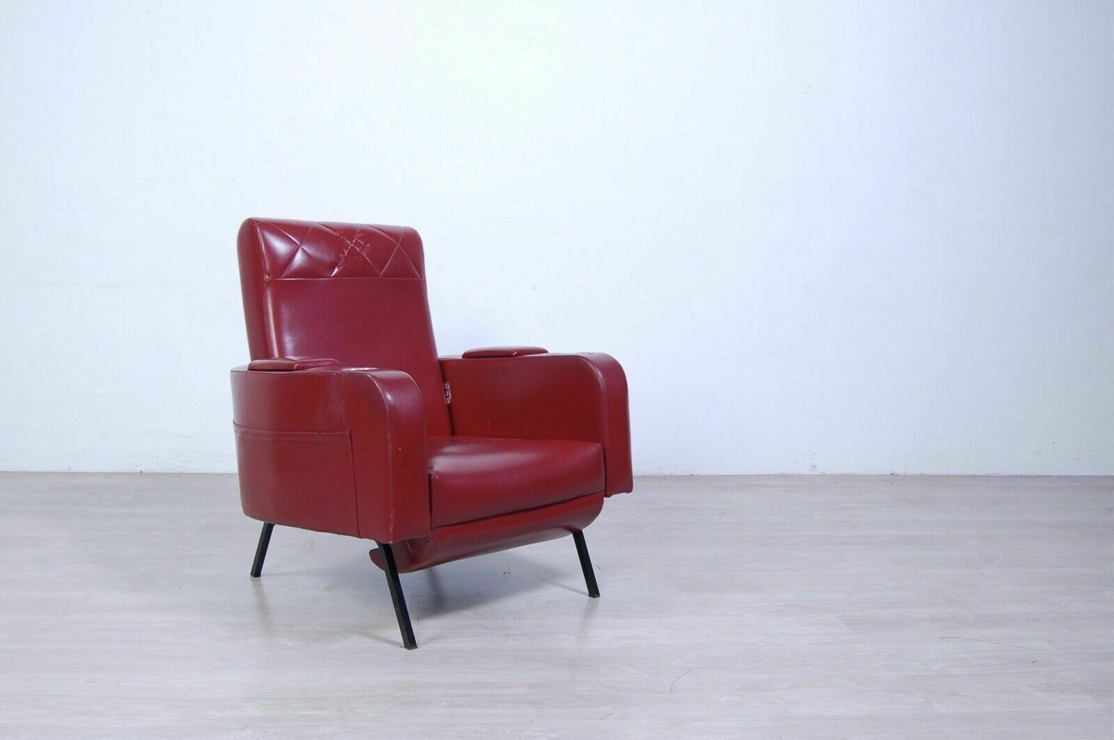 Vintage Reclining Armchair In Burgundy Leather, 1960s Design, Storage Compartment