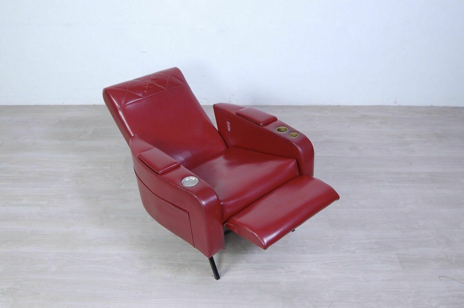 Vintage Reclining Armchair In Burgundy Leather, 1960s Design, Storage Compartment photo furniture