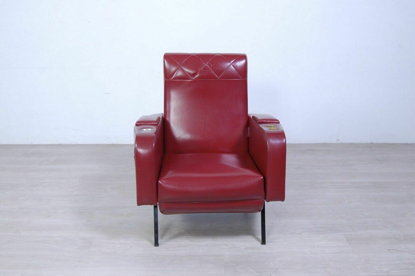 Vintage Reclining Armchair In Burgundy Leather, 1960s Design, Storage Compartment photo for sale