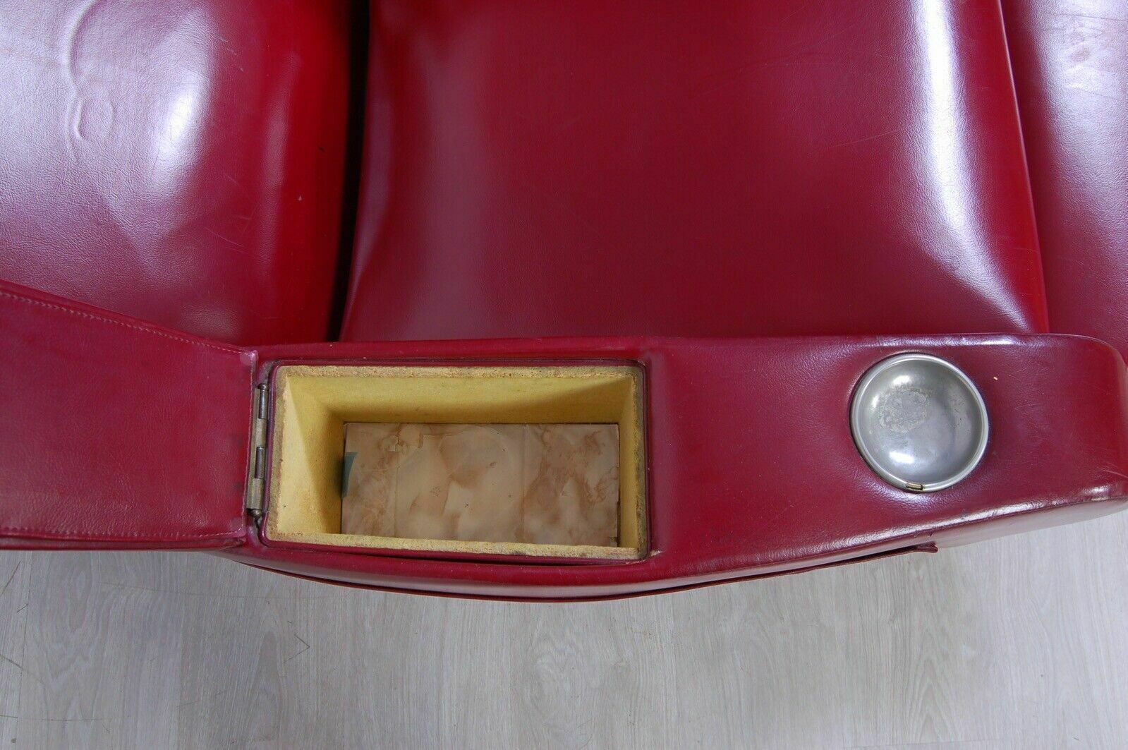 photo furniture Vintage Reclining Armchair In Burgundy Leather, 1960s Design, Storage Compartment