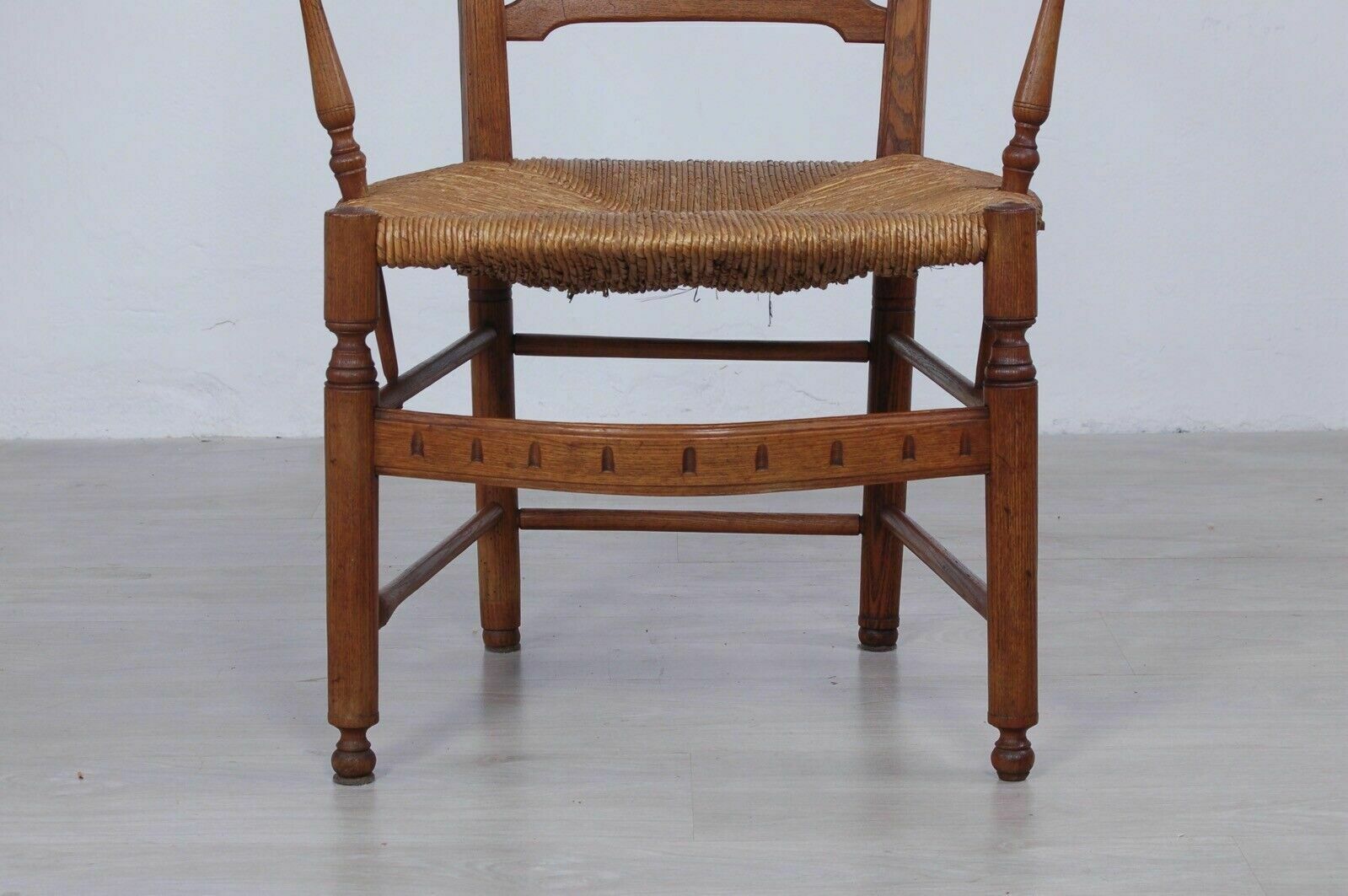 Antique Provençal Chair In Worked Oak, Straw Seat From The End Of The 19th Century, Armrests photo for sale