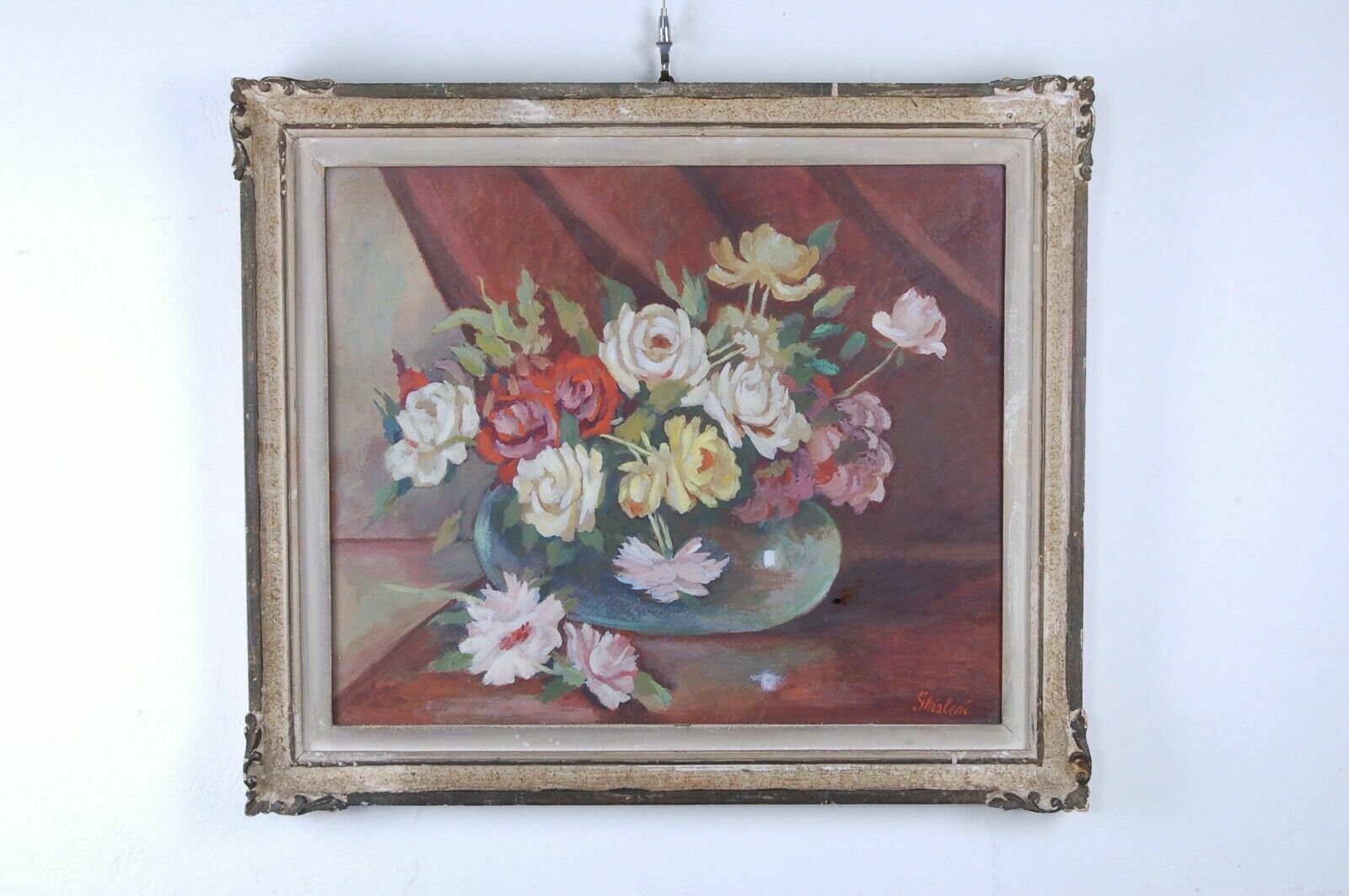 Oil Painting On Hardboard Ghisleni Still Life Vase Of Flowers With Frame