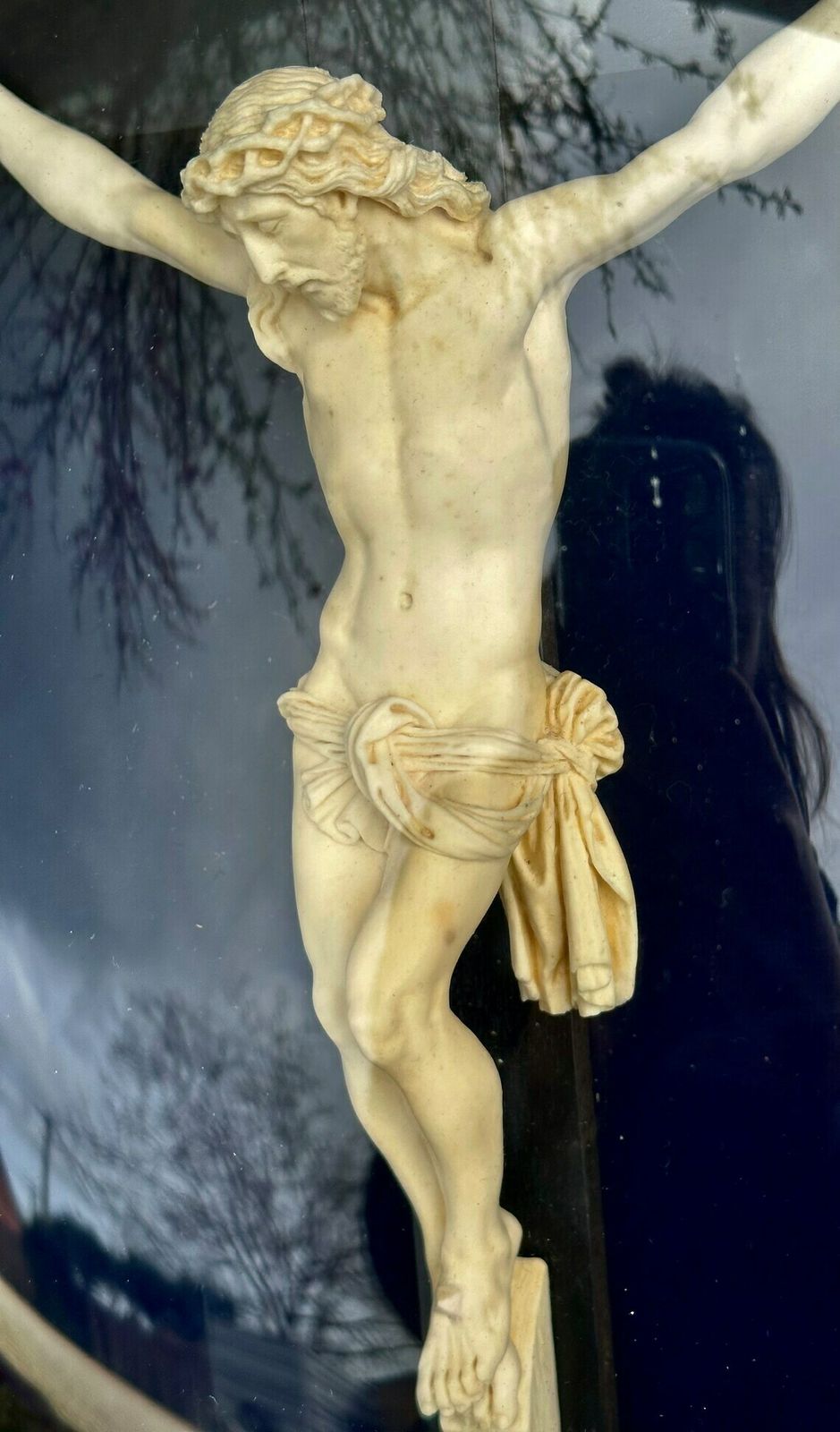 16" Jesus Christ Under Glass Wall Frame Victorian Religious Carved Crucifix photo 366.0