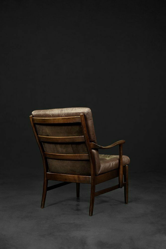 Mid Century Danish Modern Beech & Brown Leather Armchair From Farstrup Møbler, 1970s photo for sale