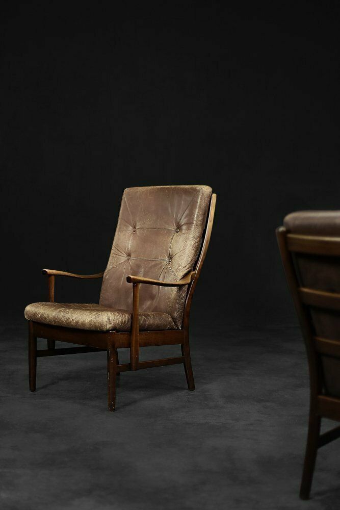 photo for sale Mid Century Danish Modern Beech & Brown Leather High Armchair From Farstrup Møbler, 1970s