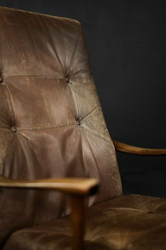photo vintage Mid Century Danish Modern Beech & Brown Leather High Armchair From Farstrup Møbler, 1970s