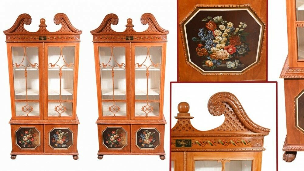Pair Antique Display Cabinets  Chippendale Glass Fronted Bookcases Satinwood