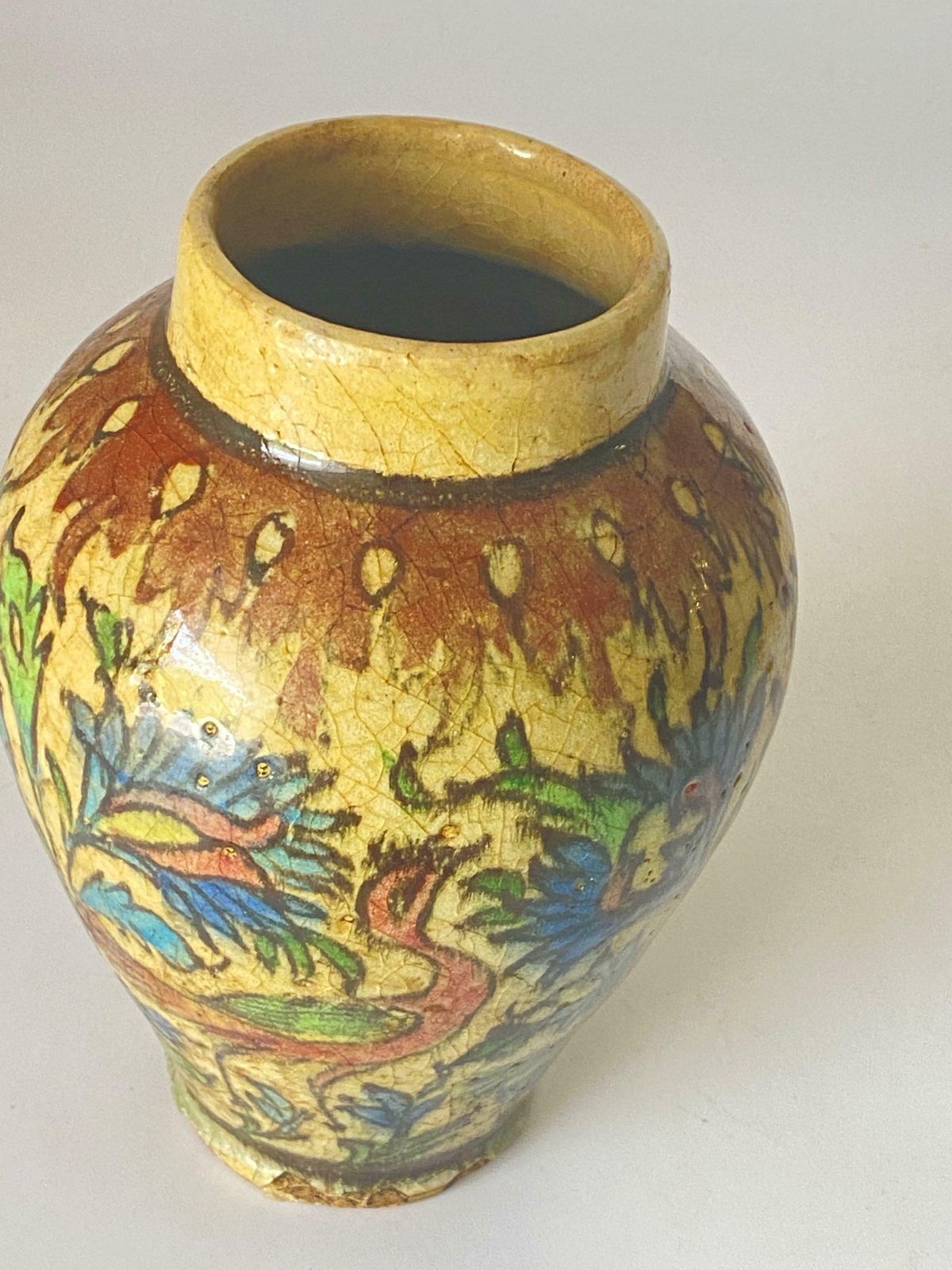 19th Century Iznik Vase In Pottery With Bird Decor Brown Green photo buy