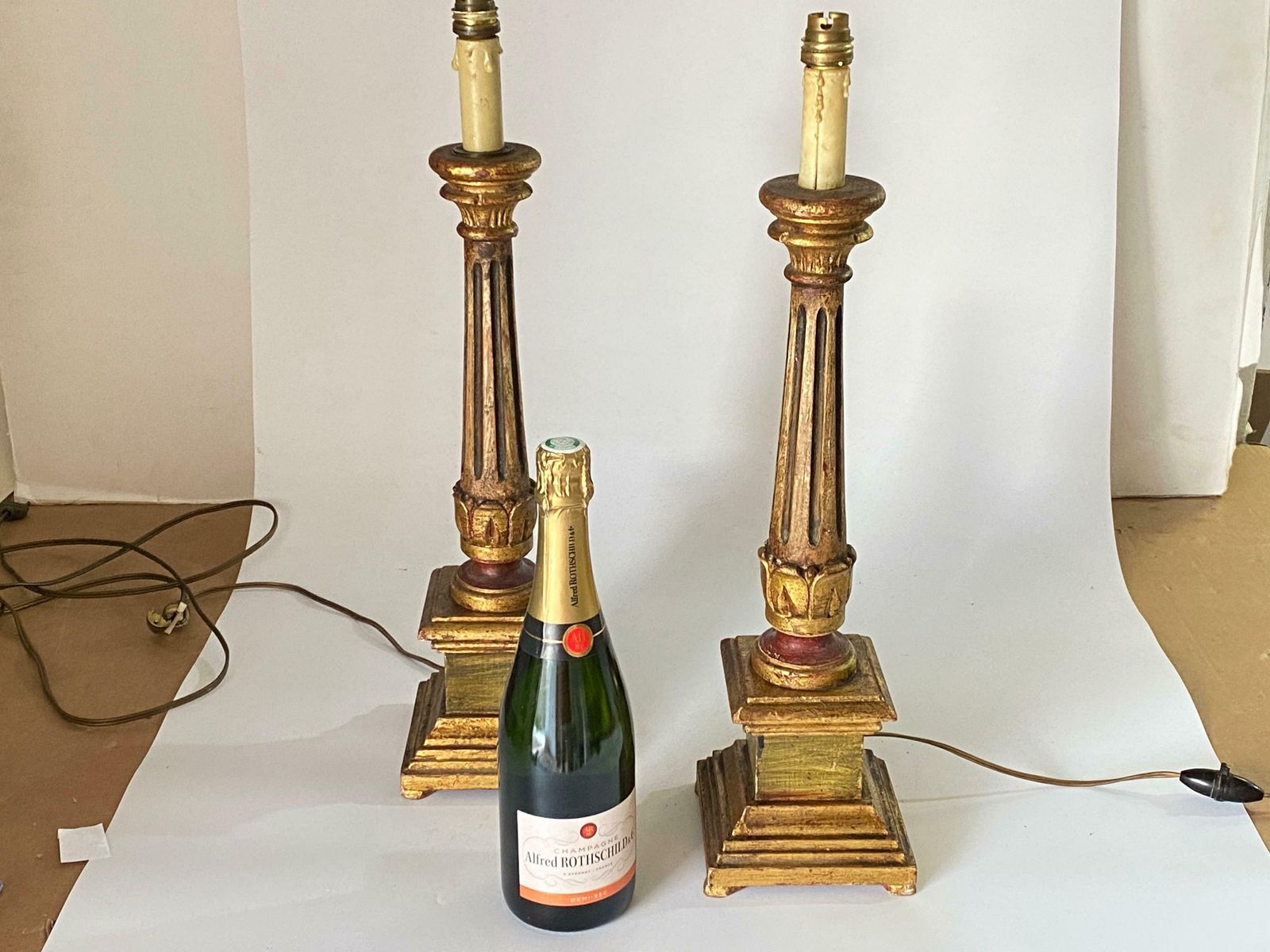 Lighting Italian Pair Of Gilt Wood Table Lamps,Italy Early 20th Century photo