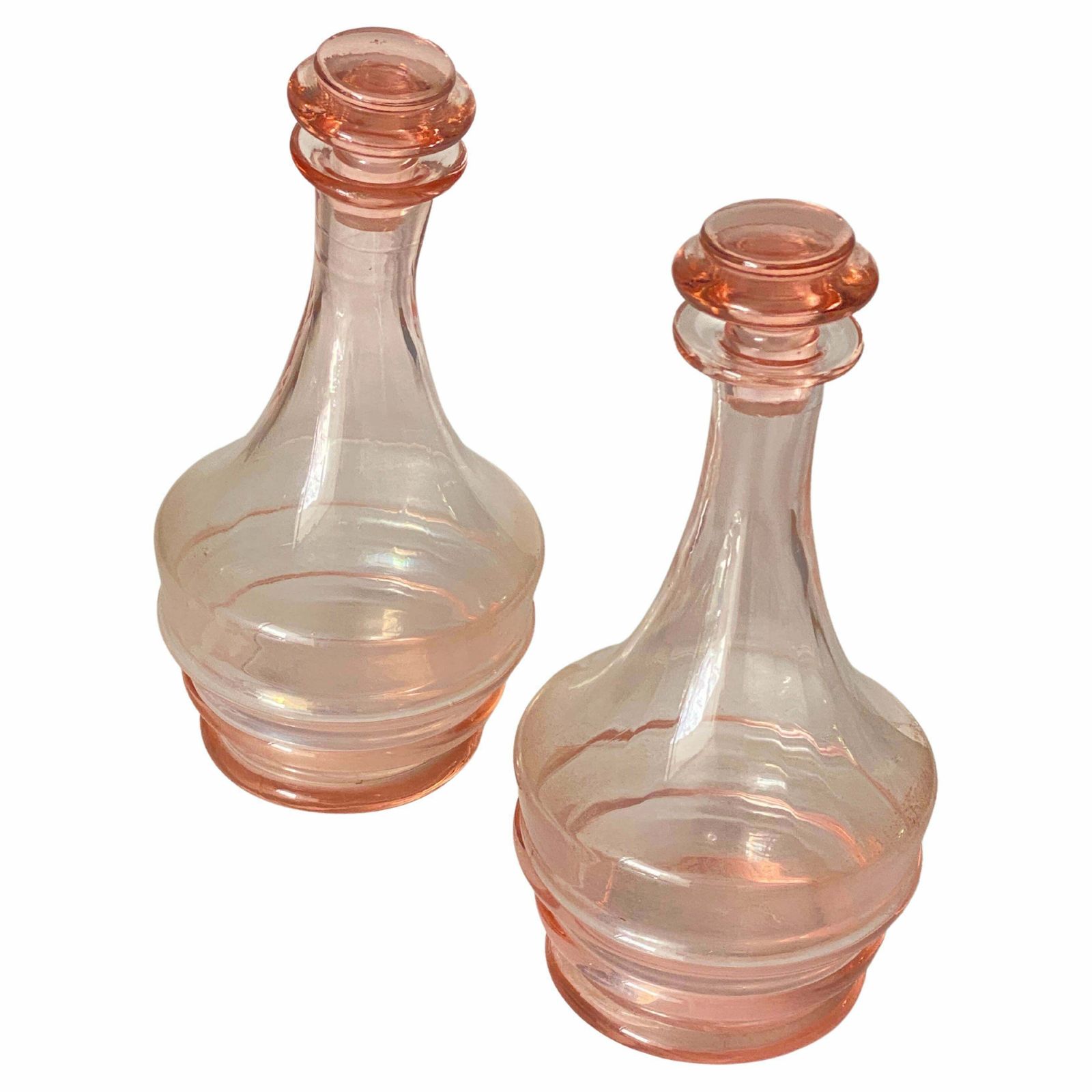 Decorative Vintage Pink Glass Bottles In Glass, France Circa 1940 Set Of 2