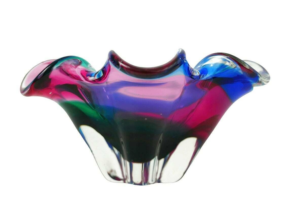 Murano Italian Art Glass Dish, Green Pink Blue Swirl, 1960’s photo vinterior