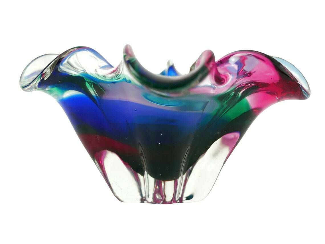 Murano Italian Art Glass Dish, Green Pink Blue Swirl, 1960’s photo buy