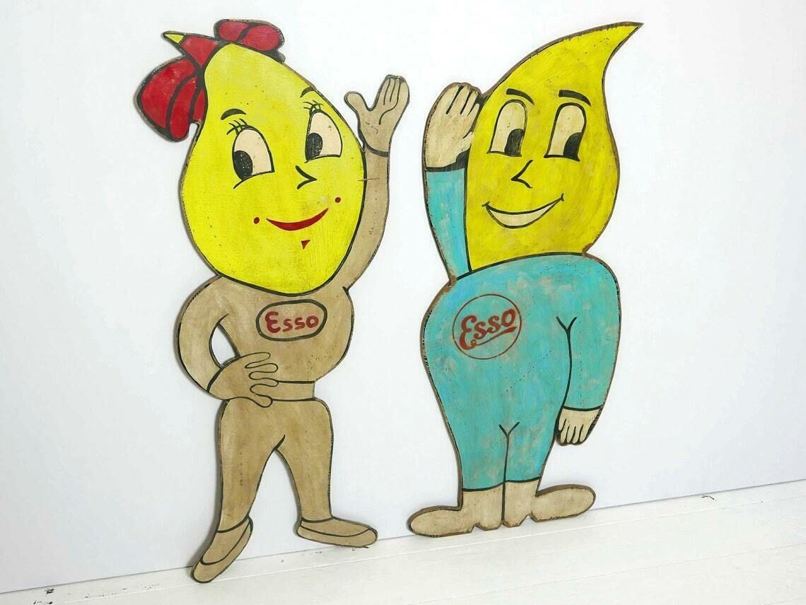 Vintage Pair Of Large Wooden Hand Painted Esso Characters, 1960s