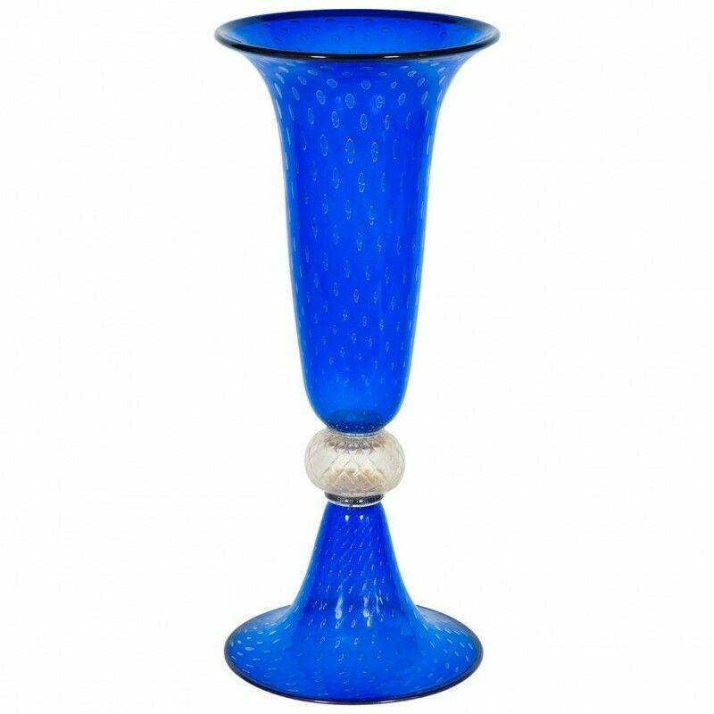 Giant Glass Vase In Murano Glass Blue Color And Gold Finishes Italy 1950s
