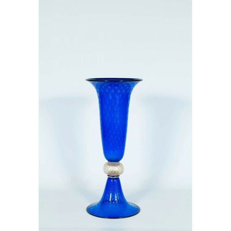 Giant Glass Vase In Murano Glass Blue Color And Gold Finishes Italy 1950s photo for sale