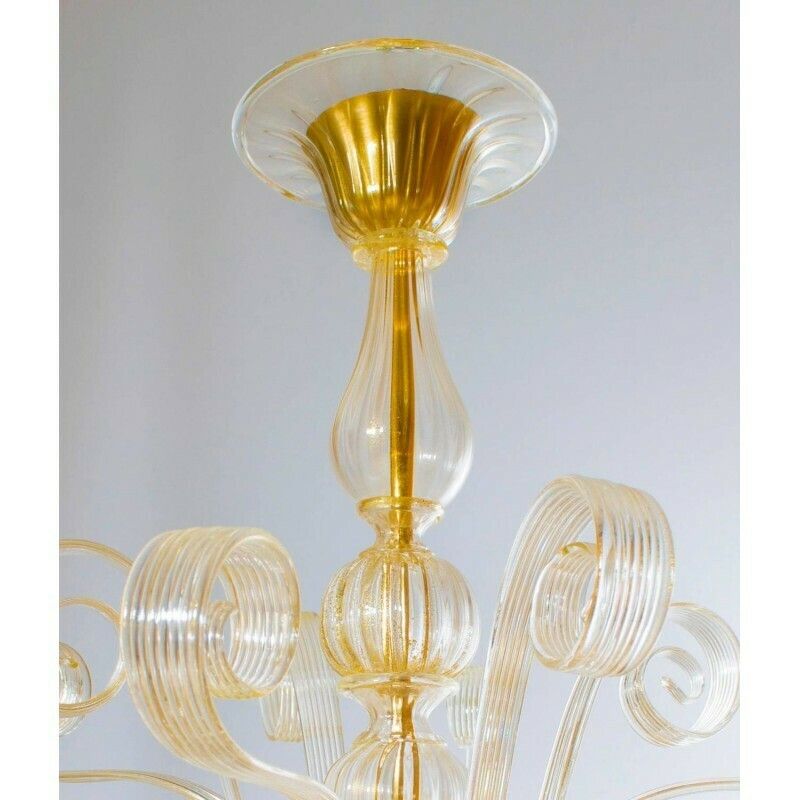 Italian Venetian Chandelier In Blown Murano Glass, Gold Pastorals, 1990s photo for sale
