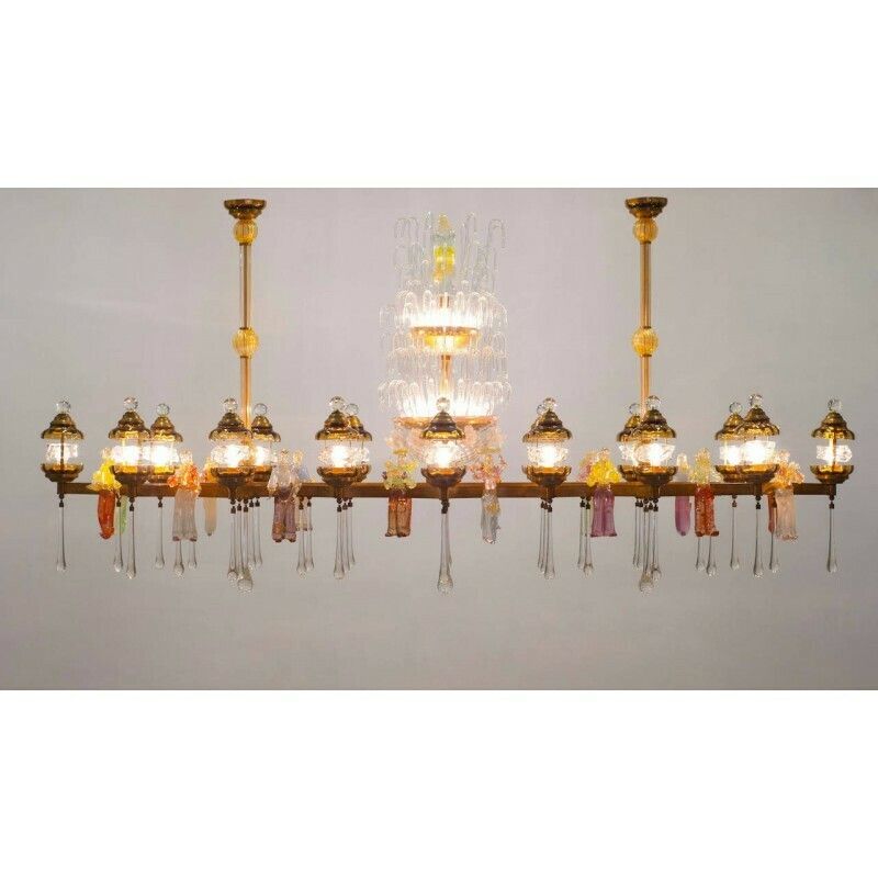 photo for sale Flush Mount Blown Murano Glass Colorful Statues And Brass 1950s Italy *