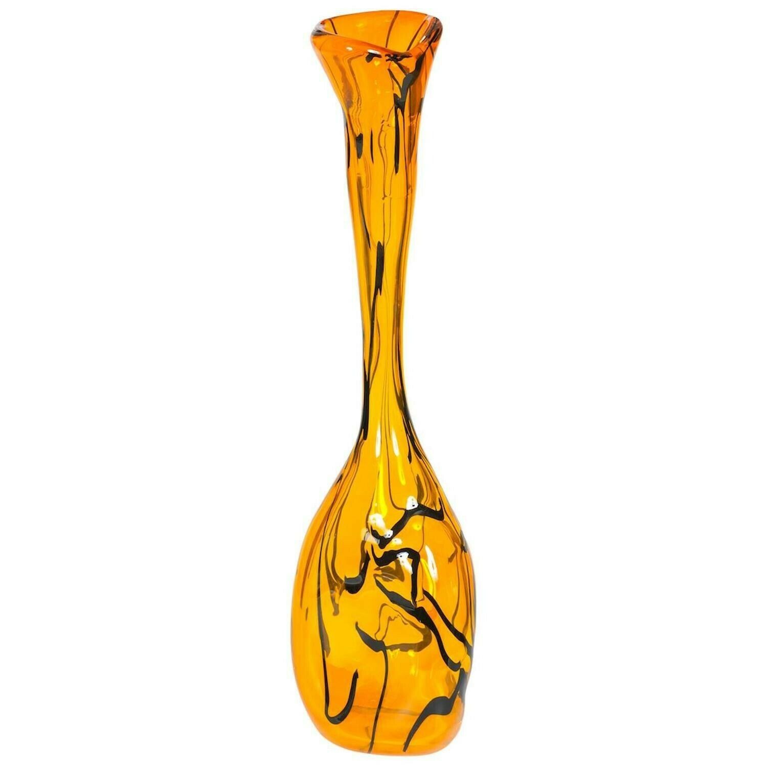 Modern Orange Vase In Blown Murano Glass With Black Stripes, 1990s Italy