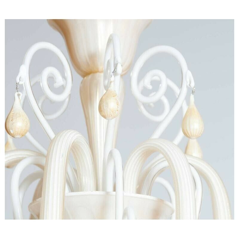 photo for sale Italian Venetian, Chandelier Blown Murano Glass, Ivory & Gold 24k, Seguso, 1990s